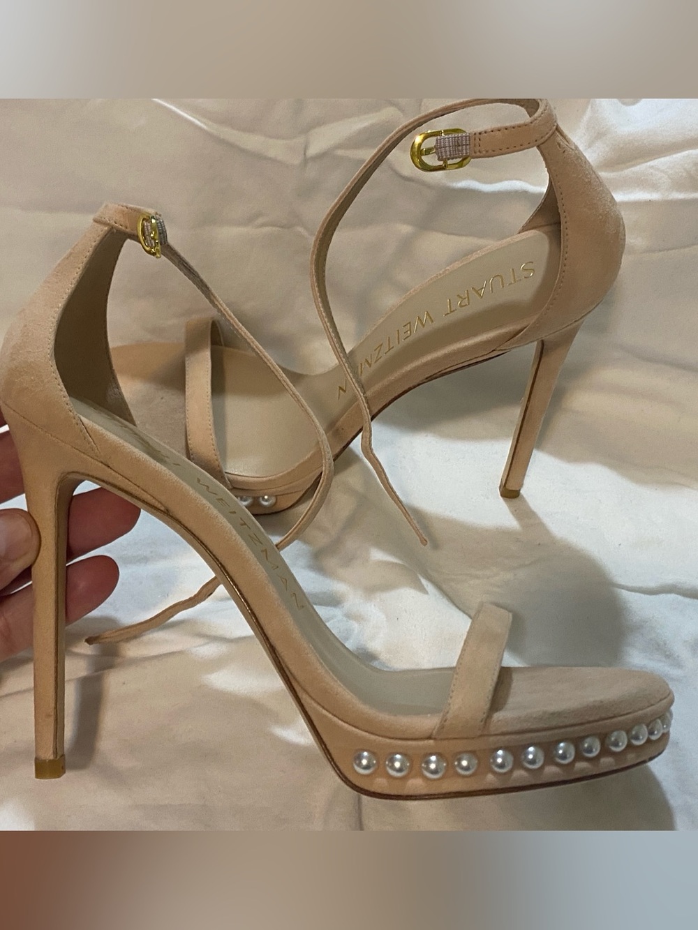 Stuart Weitzman Nudist Disco Pearl-Embellished Suede Leather Sandals; 8.5 (38.5)